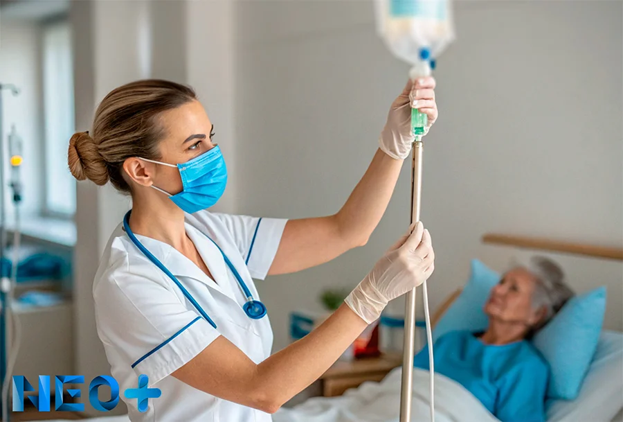 Медсестра держит капельницу